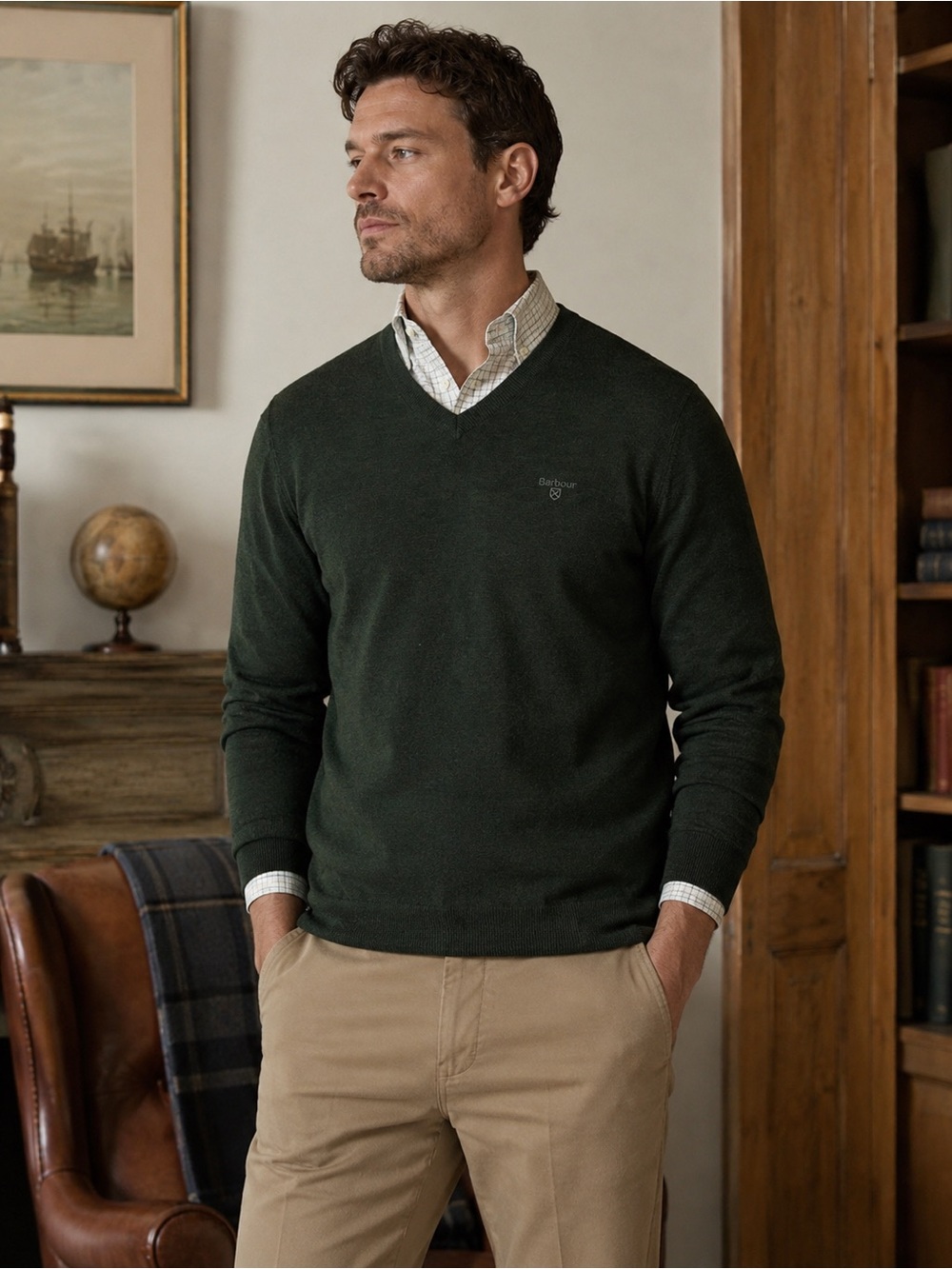 Barbour Men's Green Wool V Neck Pullover Sweater Large